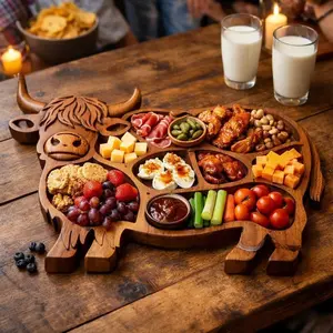 Highland Cow Charcuterie Board - Wooden Cheese Board Serving Tray, Rustic Farmhouse Meat Snack Platter with Compartments, Wall Mountable Highland Cow Decor, Solid Wood Cheese Platter for Entertaining, Housewarming Gift for Women Men