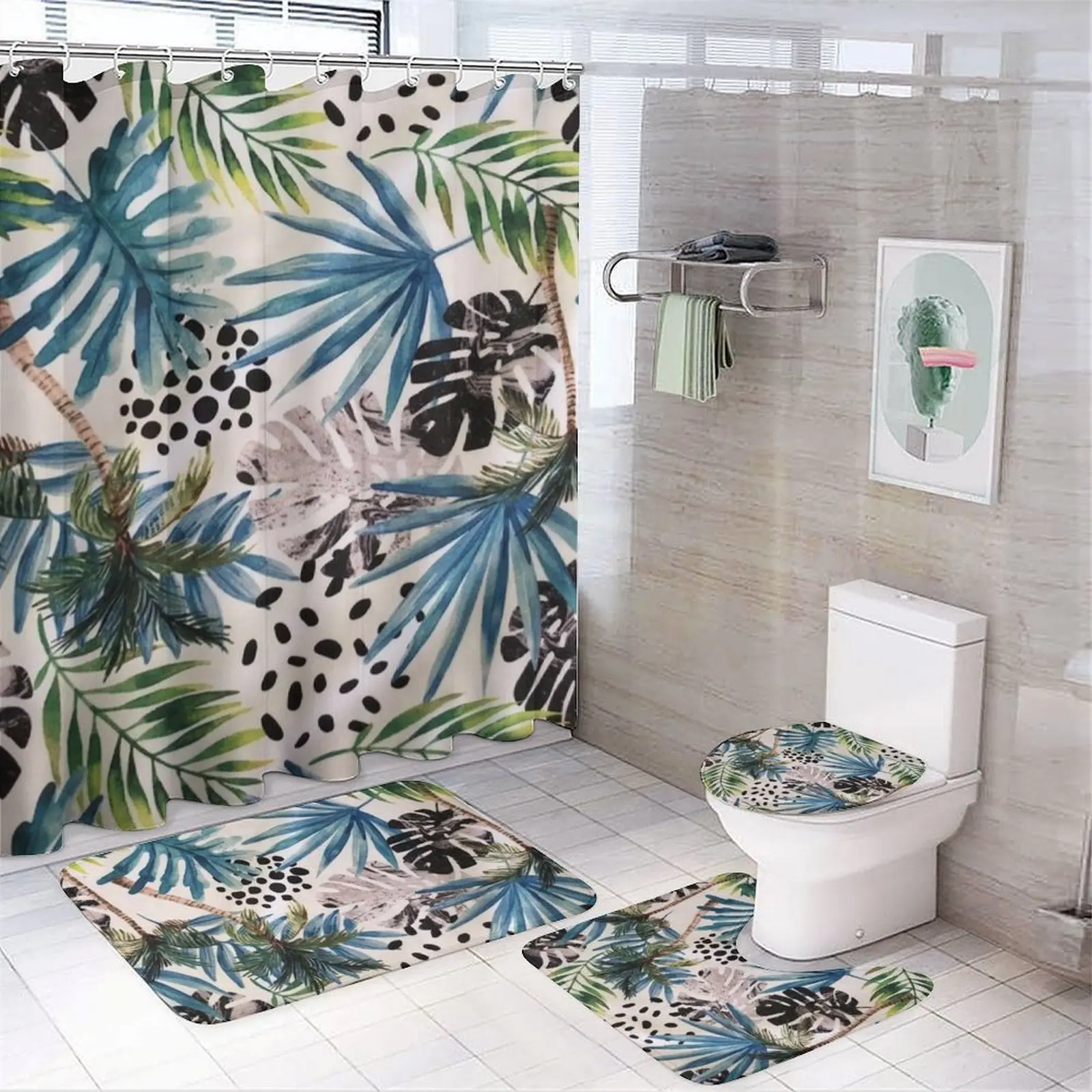4 Piece Bathroom Shower Curtain Sets with Non-Slip Rugs, Toilet Lid Cover and Bath Mat - Tropical Monstera Leaf & Green Palm Print, Waterproof Fabric Shower Curtain with 12 Hooks, Soft Flannel Bath Rugs Set for Home Decor, 180x180cm Curtain & 3 Mats