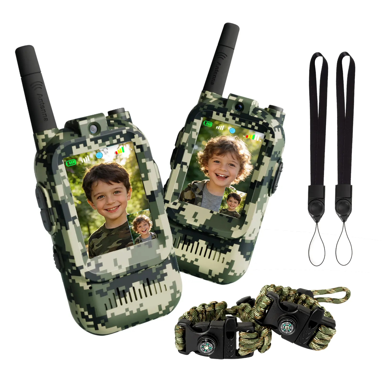 Kids' Video Walkie-Talkies (2-Pack) — Camouflage-design wireless toy set for boys aged 3–12; long-range handheld smart walkie-talkies; perfect for outdoor adventures and camping; an excellent birthday gift (Green/Blue/Yellow)