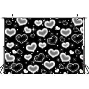 8X6FT Black Heart Photo Backdrop 90s Backdrops for Photoshoot Valentine's Day Backdrop Women Men Happy Birthday Photography Background Banner Photo Booth Studio Props D695
