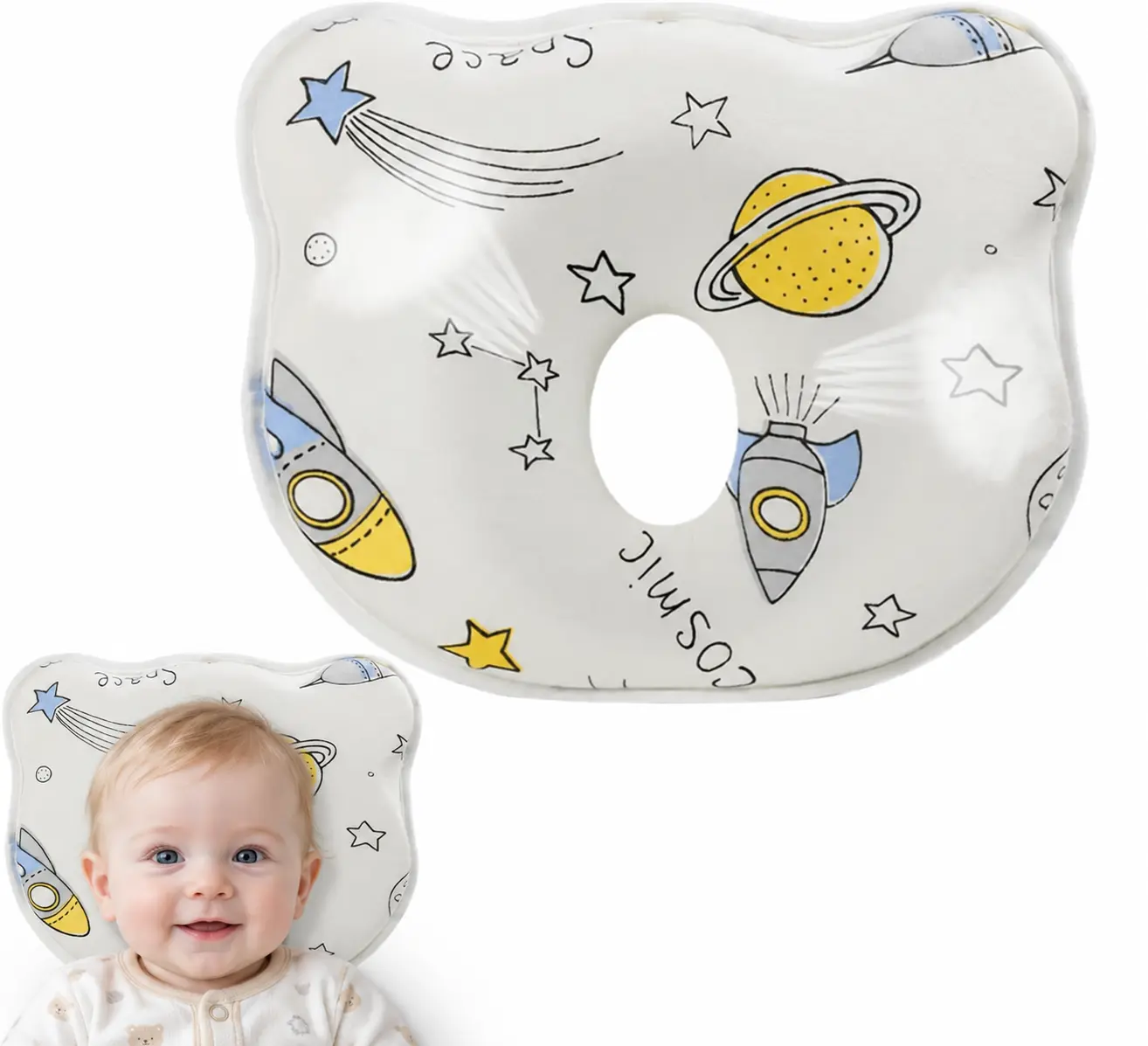 Baby Anti-Flat Head Pillow, Well-Designed Contoured Structure，Gentle Balanced Support,Skin-Friendly Fabric,Lightweight & Handy for Travel, Playpen and Car Seat