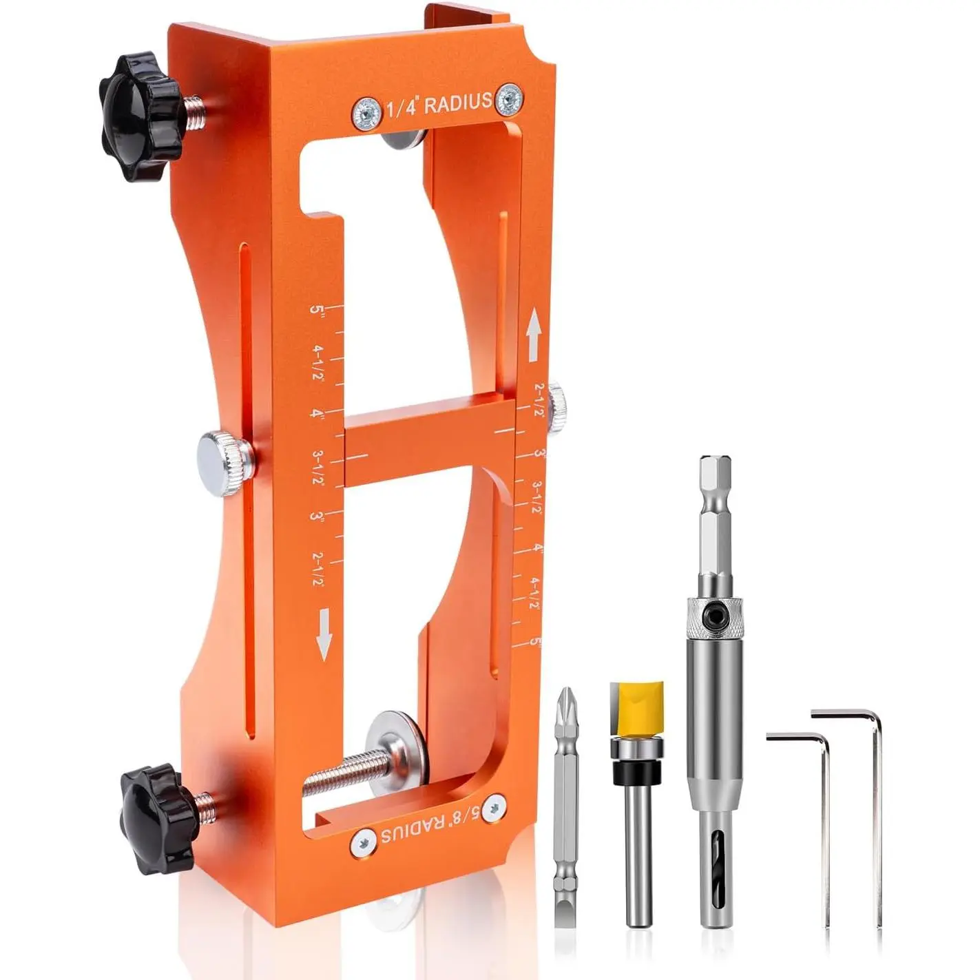Door Hinge Jig & Installation Tool, Anodized  Router Template for 3" to 5" Hinges (1/4" & 5/8" Radius) - Complete Door Knob & Deadbolt Mortise Drilling Guide Tool Set