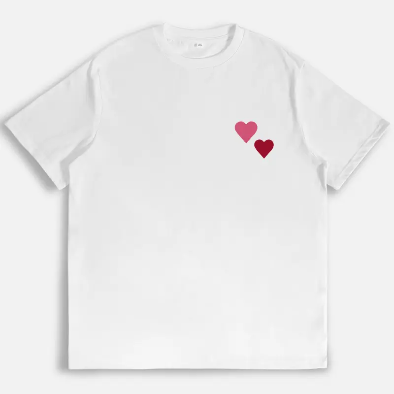 Women's Fitted Short-Sleeve Double Heart Graphic T-Shirt - Pink, Red, White, Valentine Aesthetic, Minimalist Cute Streetwear Top for Daily Romantic Casual Wear, Shortsleeve, Tshirt