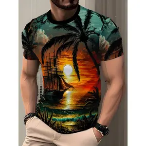 Men's 3D Tropical Palm Tree & Ocean Wave Print T-Shirt - Turquoise Caribbean Beach Sunset & Palm Design, Breathable Round Neck Casual Summer Shirt, Machine Washable Vacation & Casual Attire, Ideal Gift for Men (Vibrant 3D Layered Color)