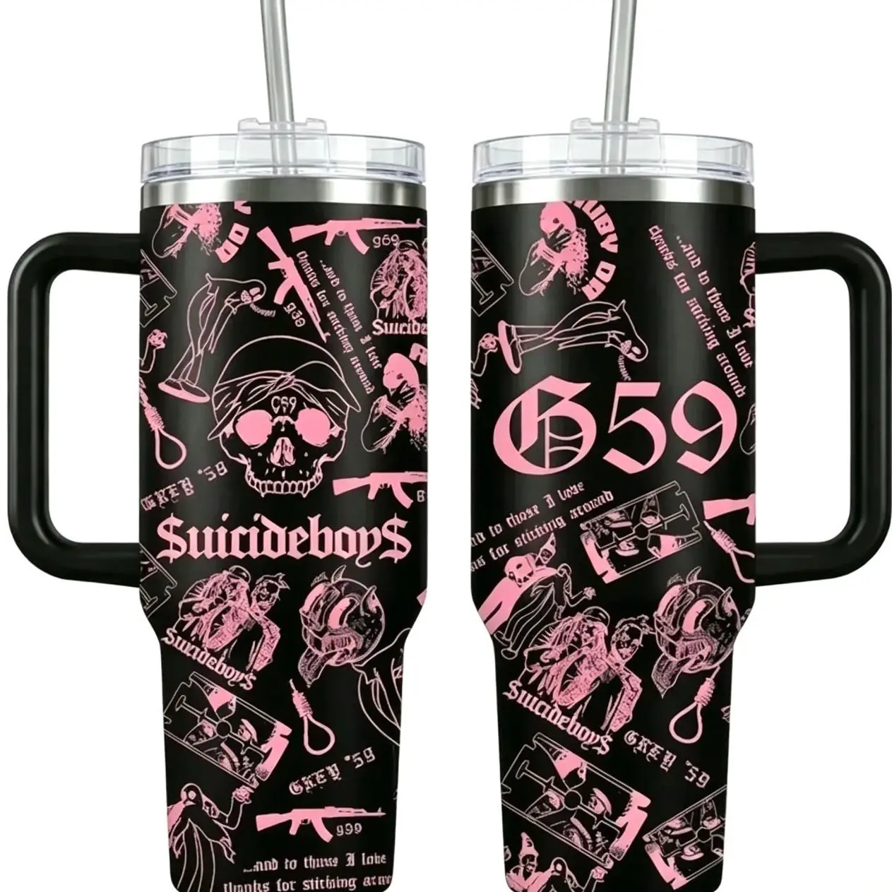 G59 Grey Five Nine 40oz Tumbler with Handle & Straw, Skull Collage Stainless Steel Insulated Travel Mug, Dark Trap Goth Rap Fan Gift