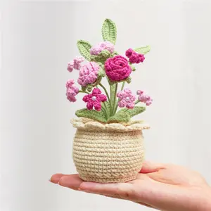 Handmade Crochet Rose Potted Artificial Flowers for Home Office Decoration Birthday Valentines Day Christmas Gifts for Friends and Family