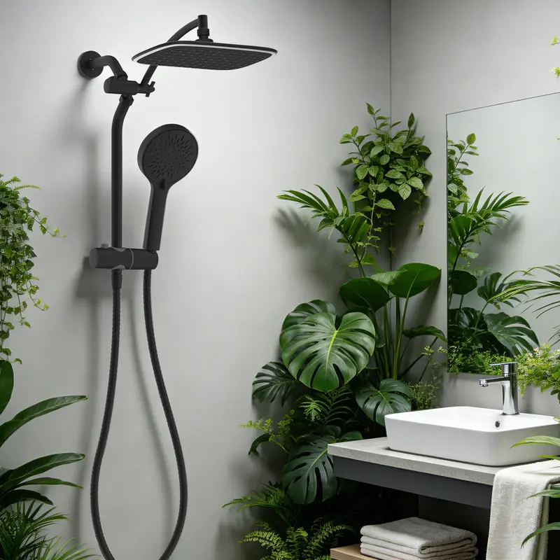 Hibbent Luxury Fixed Dual Heads Shower Head & Handheld Combo - 5-Spray Hotel-Style Rain, High Pressure, 60-in Height Adjustable, Built-in Power Jet, Modern Bathroom Fixture, ABS Complete Kit, DIY 5-Step Install, Couple-Friendly