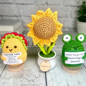 Emotional Support Pickle with Wood Stand, Crochet Animals, Positive Support Gifts