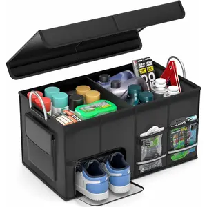 Suitable for SUV Car Trunk Organizer with Lid 56L Foldable Golf Ball Box Organizer Multi-compartment Car Storage Box Heavy-duty Grocery Organizer Car Storage Box Suitable for SUV Truck Accessories