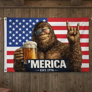 ’MERICA EST 1776 Flag – Funny Patriotic Sasquatch American Flag, Man Cave Garage Bar Decor, Outdoor USA Flag