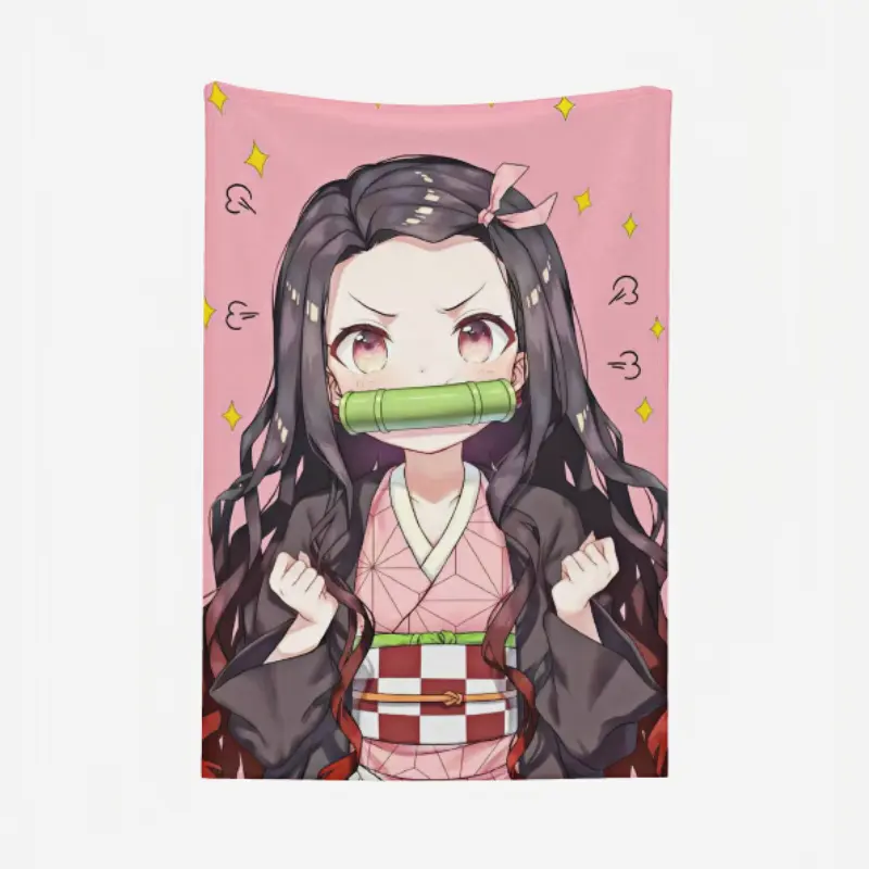 For Demon Slayer Fans & Teens Ultra Soft Plush Nezuko Kamado Classic Pink Kimono Bamboo Mouthpiece Print Throw Blanket Anime Icon Essential Cozy Bedroom Lounge Decor