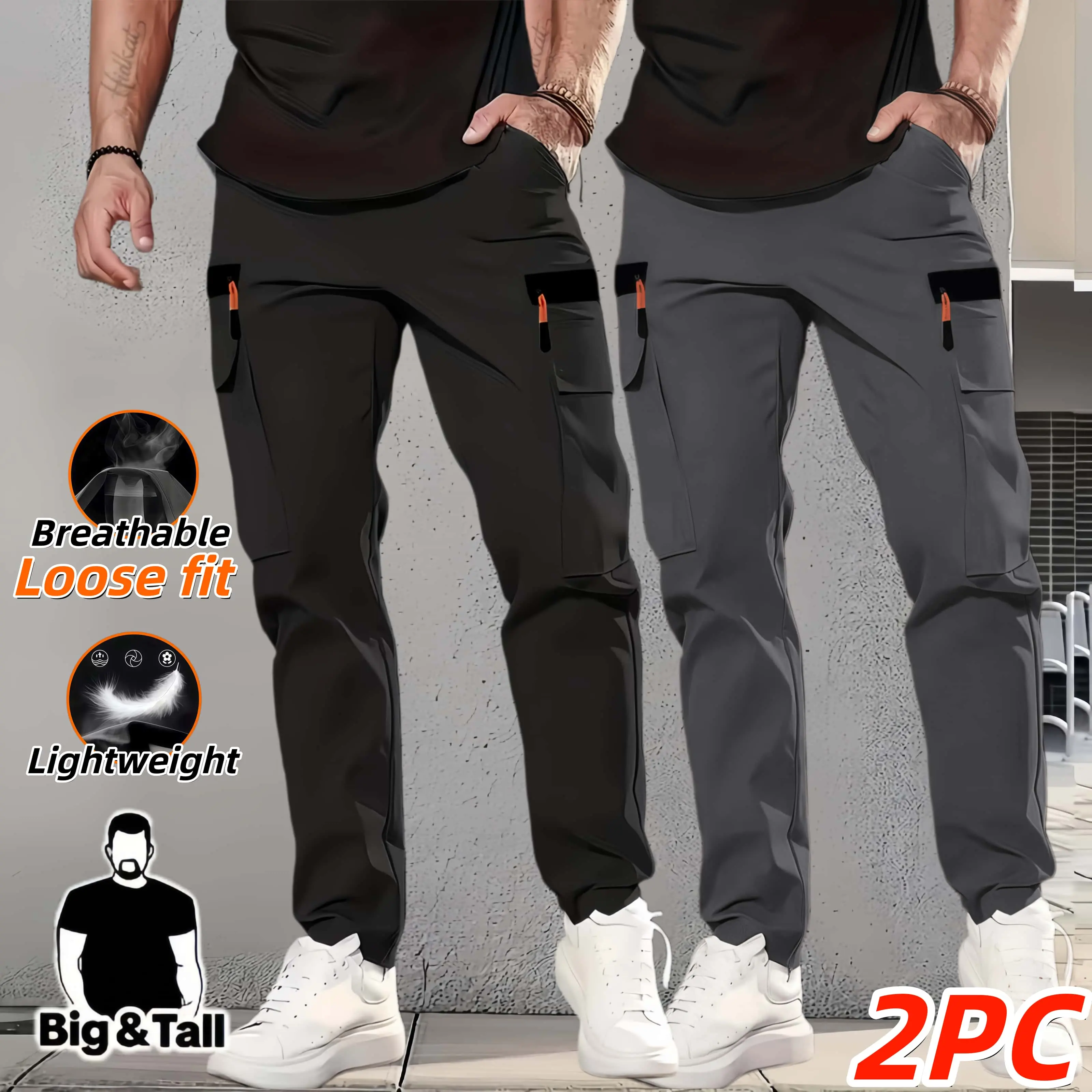 2 Pack Big & Tall Men’s Lightweight Stretch Cargo Jogger Pants, Breathable Loose Fit Quick Dry Work Hiking Trousers, Multi Zipper Cargo Pockets Drawstring Waist Plus Size Outdoor Casual Athletic Pants，athleisure wear，Comfy Elastic Waist Drawstring Pants
