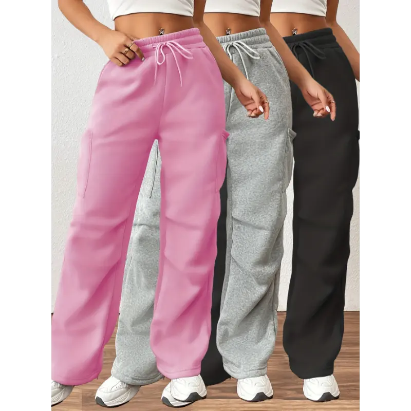 Female 3-Pack High Waist Wide Leg Cut Cargo Joggers, Lace-Up Drawstring Waist Full Length Polyester Casual All-Season Sweatpants, All Seasons