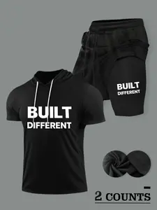 Men's 2 Piece Built Different Tracksuit - Hooded Short Sleeve T-Shirt & Double Layer Athletic Shorts Outfit, Moisture Wicking Workout Set, Trendy Casual Gym Clothes, Breathable Activewear for Fitness Training Running Daily Wear, Sports Clothing Set