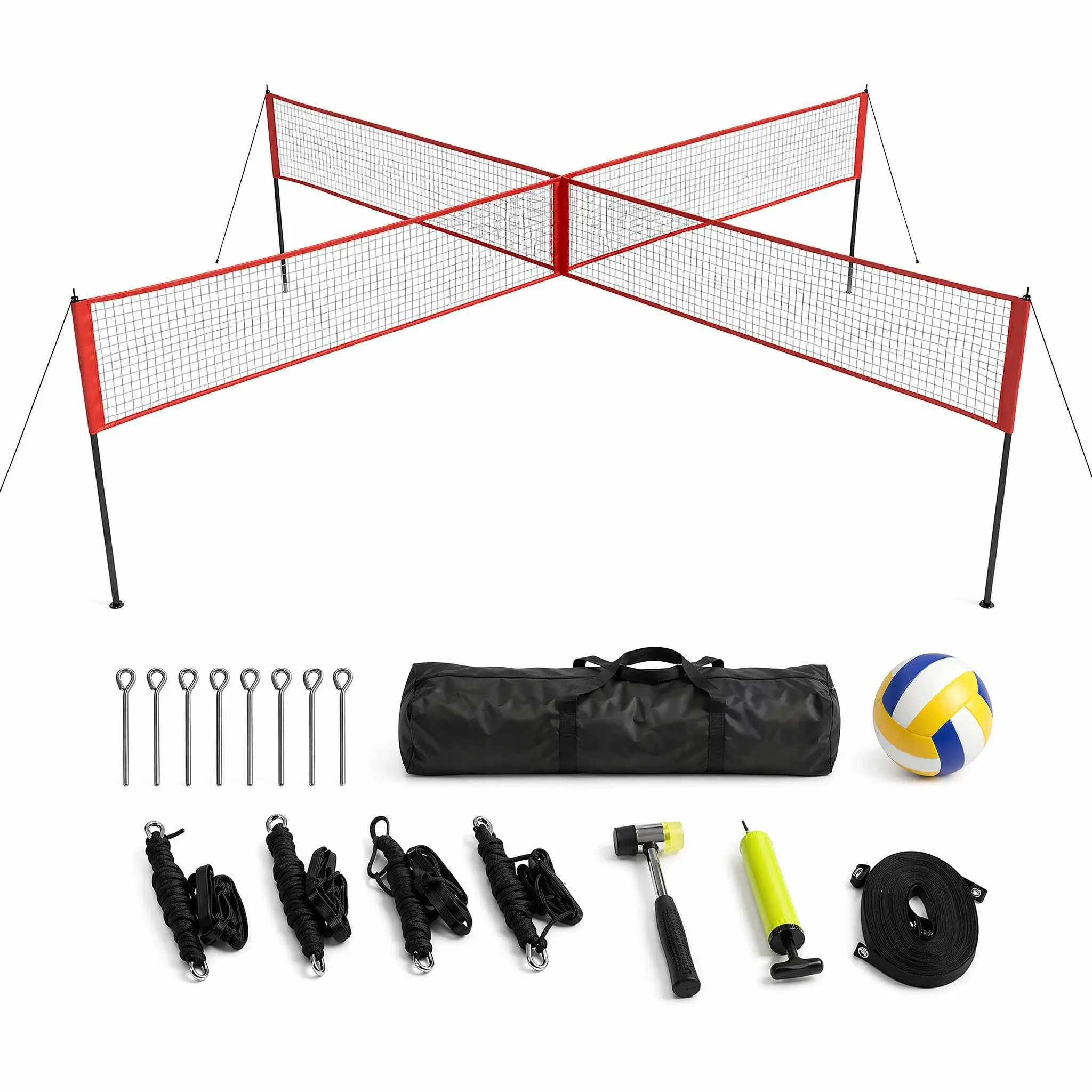 Garvee Upgraded 14FT Four Square Volleyball Net System, 3 Adjustable Heights PE Cross Net Set with Ball, Air Pump, Carry Bag and Hammer, Red Outdoor Game for Backyard & Beach