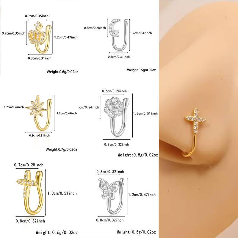 Random 10pcs Nose Clip and Stud Set with Copper Synthetic Zirconia U-Shaped Heart Crown Butterfly Five-Pointed Star Nose Rings,  Ideal for Party and Festival Celebrations