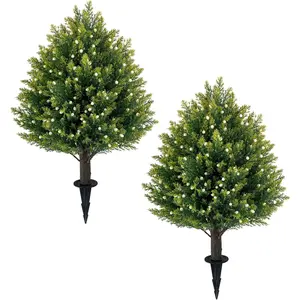 21'' Artificial White Berries Topiary Ball Trees with Ground Spike,    Brush, 2 Pack Artificial Cedar Shrubs for Outdoor Indoor Front Porch Garden