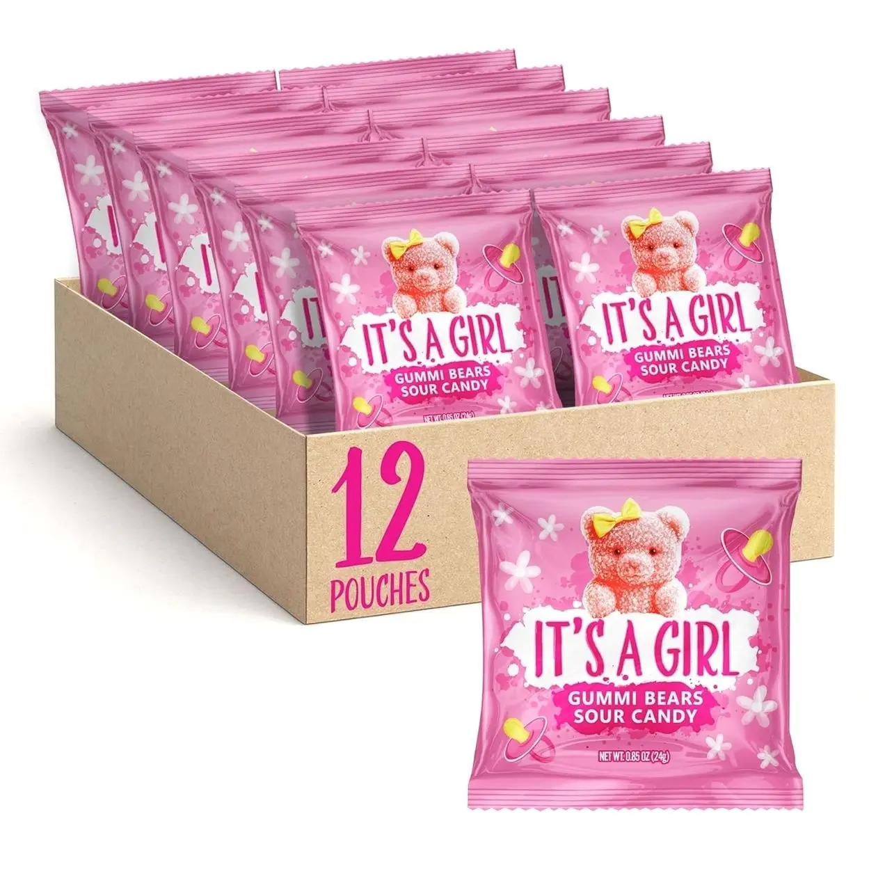 Its a Girl Candy | 12 Packs of Sour Gummies | Tutti Frutti Gummi Bears | Pink Candy for Baby Shower Favors | Gender Reveal Party Favors Individually Wrapped | Gelatin Free