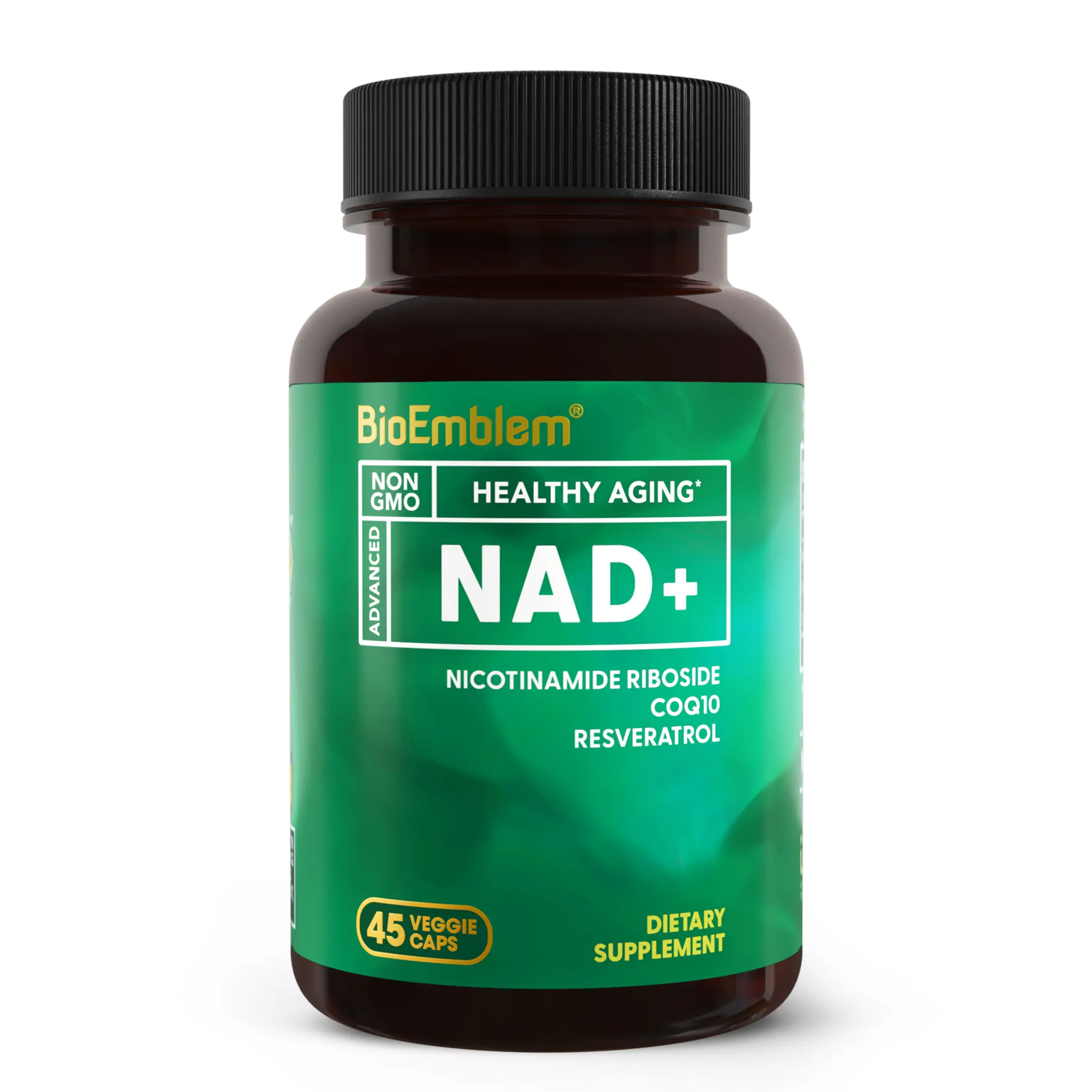 BioEmblem NAD+ Supplement with Nicotinamide Riboside, Resveratrol & CoQ10 | 45 Veggie Capsules | Non-GMO, Gluten-Free | Supports Cellular Energy, Heal