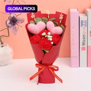 Handmade Crochet Rose & Heart Bouquet, 1 PC Knitted Yarn Artificial Flowers, Fake Roses for Birthday, Graduation, Valentine's Day, Mother's Day, Father's Day Gifts, Home Decor, Party Decoration, Artificial Plants