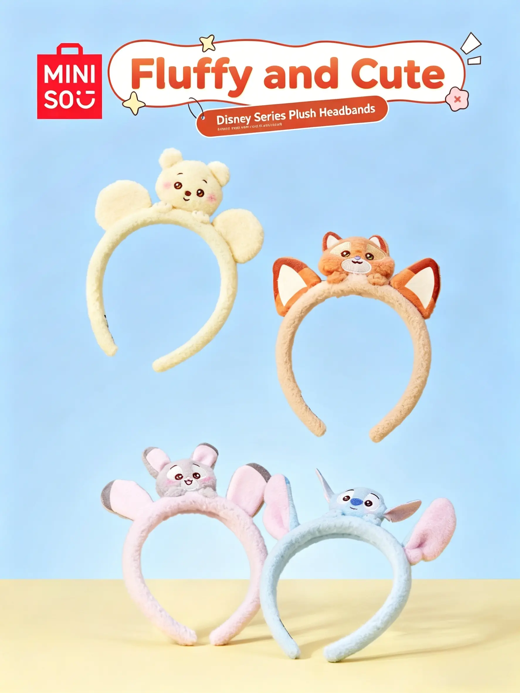 MINISO Disney Plush Headband, Cute Nick/Judy/Stitch/Pooh Cartoon Ears Hair Hoop, Soft Fluffy Headband for Skincare/Makeup/Disney Trip, Cute Gift for Girls#Summervibes