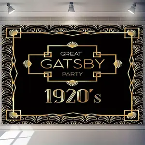 Great Gatsby Party Backdrop Luxury Geometric Retro 1920s Black and Golden Wallpaper Polyester Fabric 230x179 Ideal for Birthday Wedding Bridal Shower Graduation Celebrations Photo Booth Studio Props