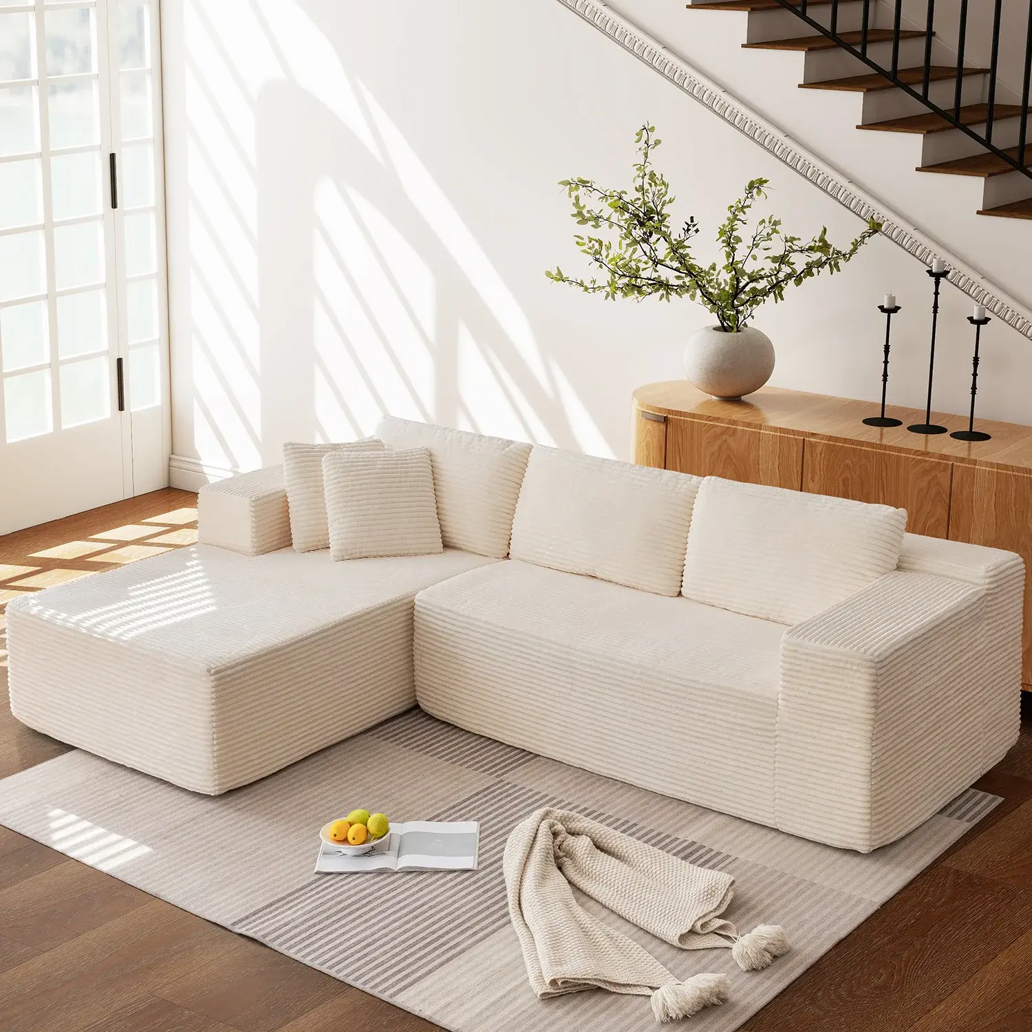 106’’ Modular L-Shape Sectional Sofa with Deep Seats, Living Room Sofa, Modern Upholstered Sofa with Chaise Lounge, No Assembly Required, Comfortable Corduroy Upholstered Sofa, Suitable for Apartments, Offices and Bedrooms
