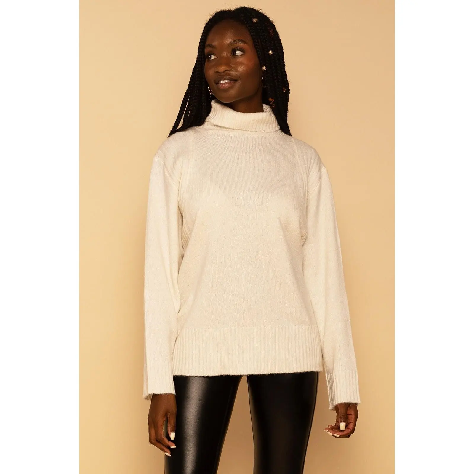 Oversized Cream Turtleneck Knit Sweater