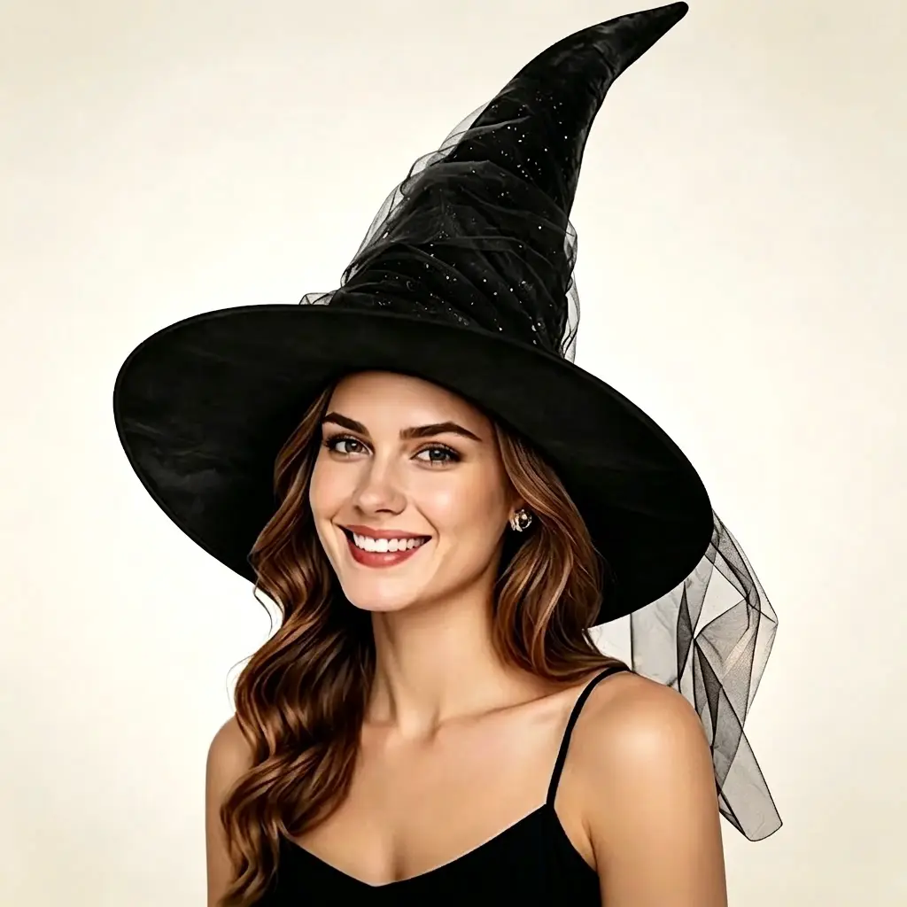 SangSe Shop Halloween Witch Hat - Black Pointed Hat with Netting and Sparkles for Women's Costume