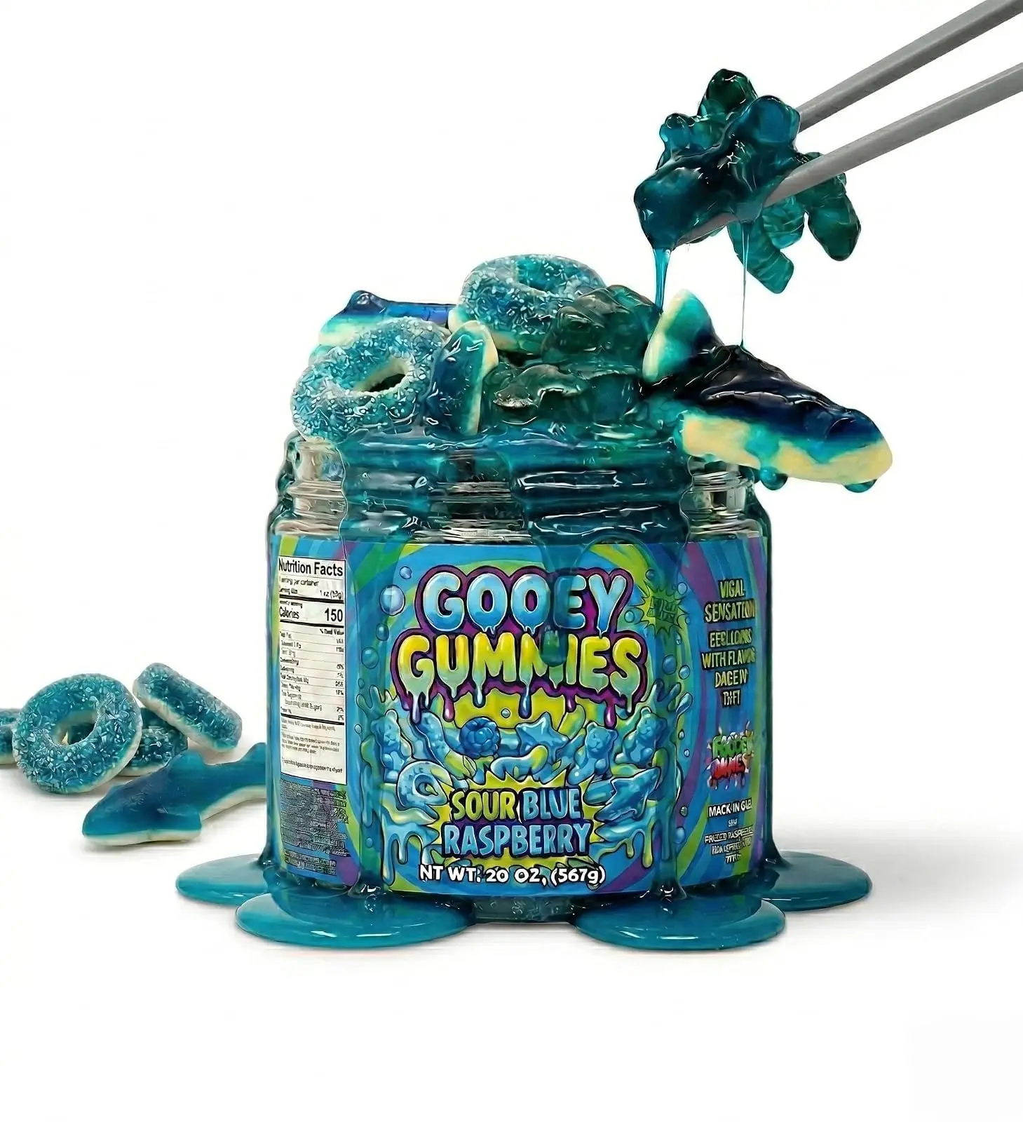 Sour Gooey Ultimate Mix Gummies, Sour Blue Raspberry Gummy Candy Mix, Ooze Sticky Gummies, Liquid Chewy Sweet Treat Resealable Container [Choose the Flavor] (20 oz, Sour Blue Raspberry)