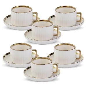 A gold-rimmed ceramic tea set, Teacup, and coffee cup set, featuring a white and gold multifunctional cup and saucer combination, dishwasher safe, suitable for home kitchens, afternoon tea, coffee drinking, and as a gift for holidays or special