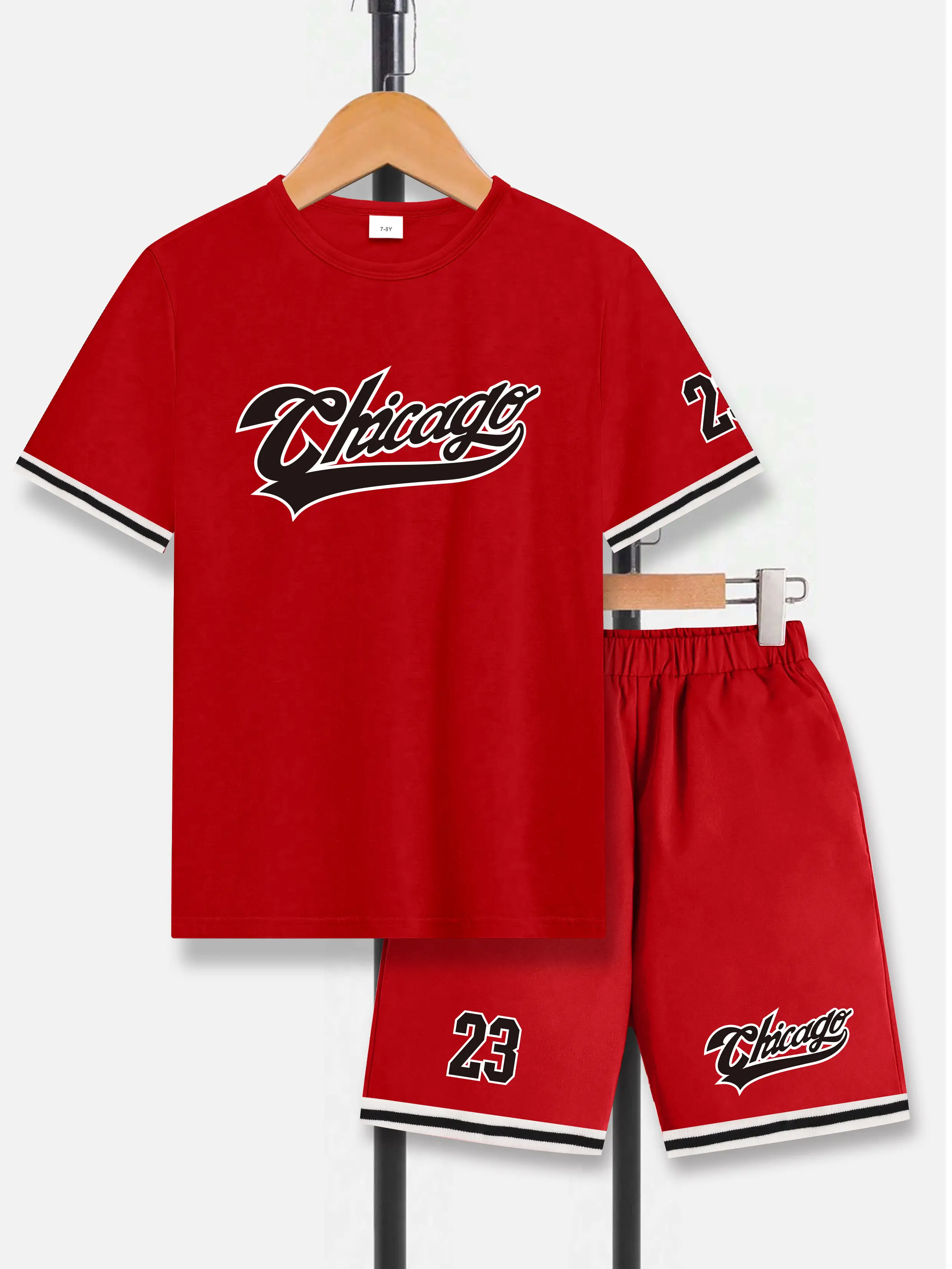 Ready Stock Summer Outfits For Kid Boy Casual Breathable Chicago Graphis Short Sleeve T-Shirt & Sports Shorts 2Pcs Clothing 7-15 42403070 Pants Sweatp