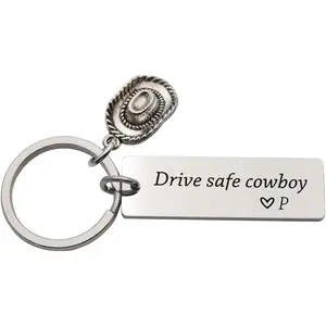 Drive Safe Cowboy  Engraved Initial Personalized  for Husband Boyfriend Cowboy Hat Keyring  Drive