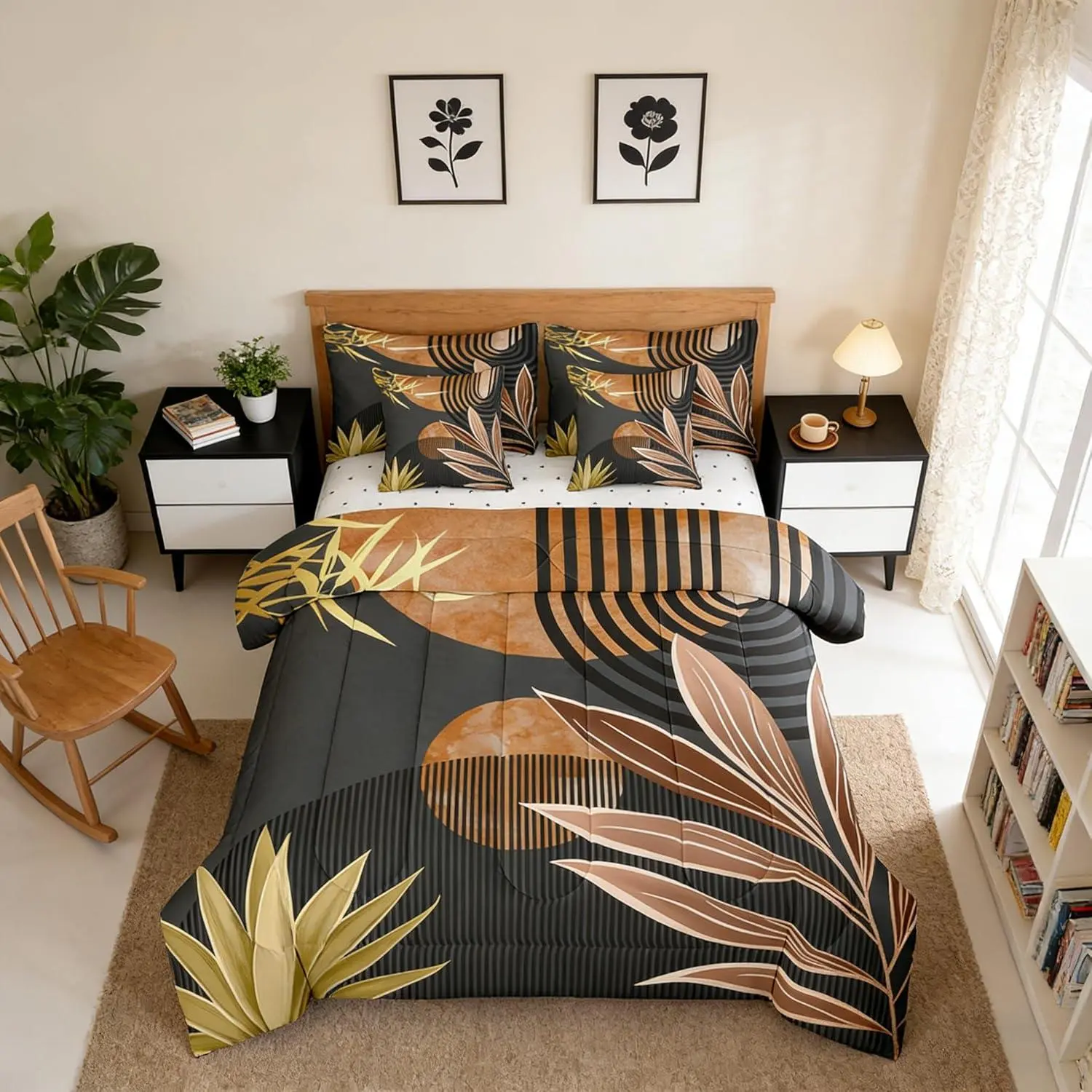 7 Piece Boho Mid Century Bedding Sets Modern Minimalist Simplistic Comforter Set,Retro Geometric Aesthetic Bed in a Bag Line Art Sheet Set with Comforter,Brown Black