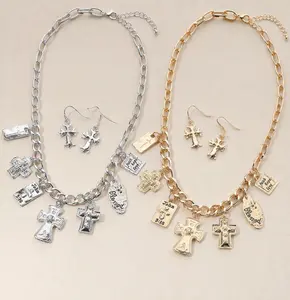 Metal Cross Bible Charm Station Chunky Chain Necklace: Gold or Silver