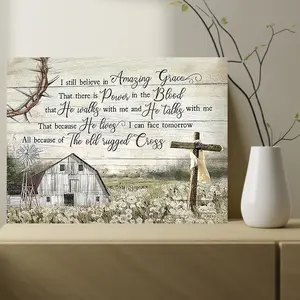 [2D FlatChristian Art] 2D Flat Christian Canvas Wall Art Inspirational Poster with Rural Barn & Windmill Scenery, Religious Hymn Verses Indoor & Outdoor Decor for Homes, Bedrooms, Living Rooms