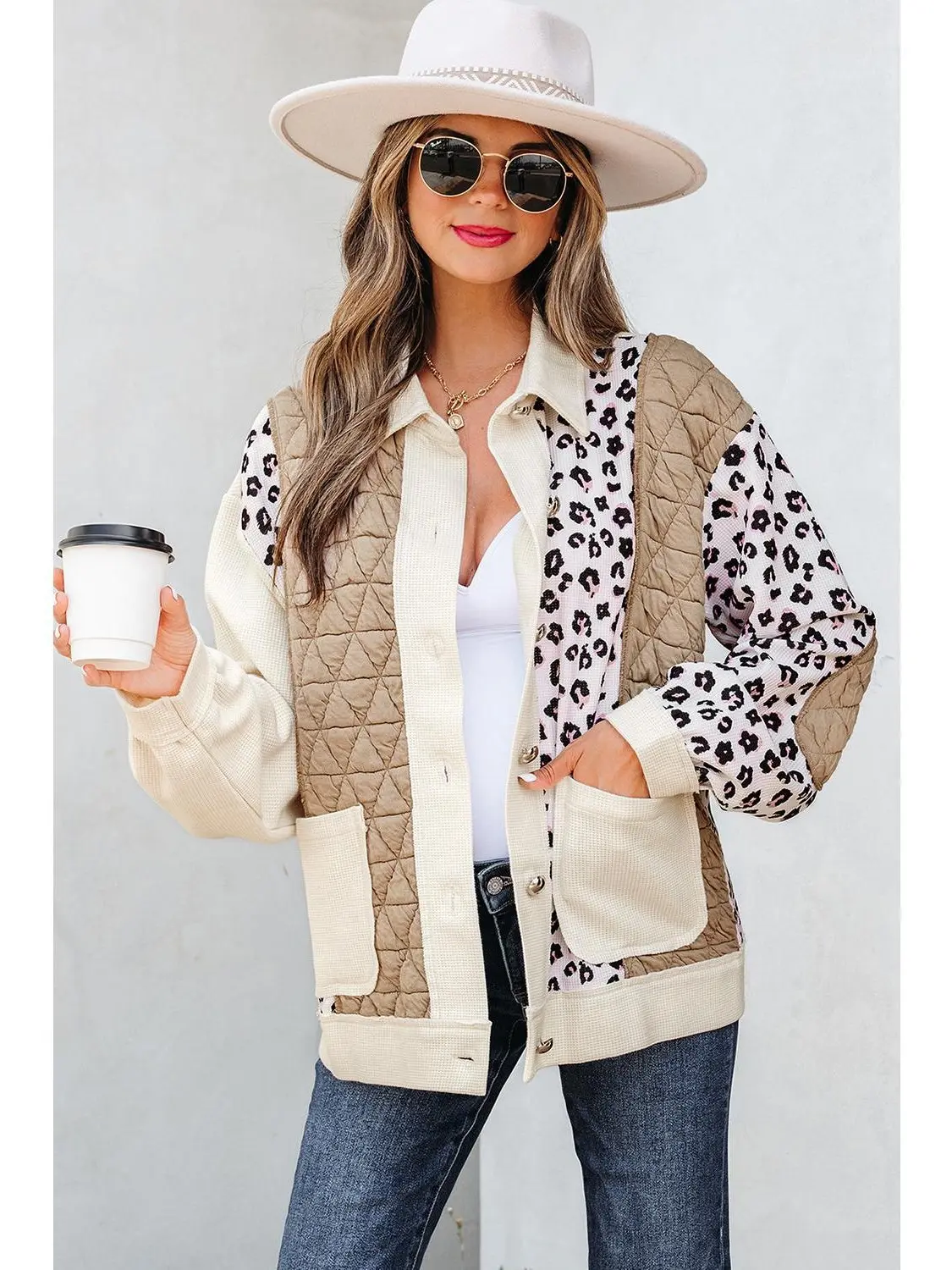 Lady's Soft Polyester Chic Khaki Leopard Print Waffle Quilted Patchwork Button-Front Jacket - Women's Clothes, Casual Everyday Outerwear to Pair with Cotton Jeans