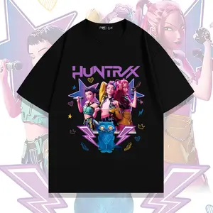 KPop Demon Hunters HUNTRX Girl Group 100% Cotton Oversized T-Shirt | Unisex Graphic Tee with Full Trio Stage Art & Cute Blue Creature, Casual Streetwear for KPop Fans