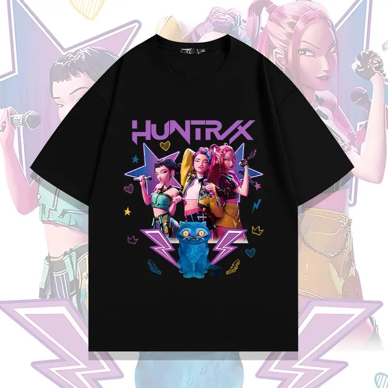 KPop Demon Hunters HUNTRX Girl Group 100% Cotton Oversized T-Shirt | Unisex Graphic Tee with Full Trio Stage Art & Cute Blue Creature, Casual Streetwear for KPop Fans