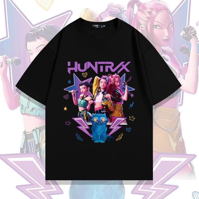 KPop Demon Hunters HUNTRX Girl Group 100% Cotton Oversized T-Shirt | Unisex Graphic Tee with Full Trio Stage Art & Cute Blue Creature, Casual Streetwear for KPop Fans