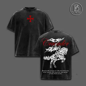 Crusader T-Shirt – Vintage Washed Oversized Medieval Graphic Tee, Christian Crusader Streetwear Unisex Top, Heavy Cotton Crewneck, Templar Knight Cross Art, Gift for History Fans