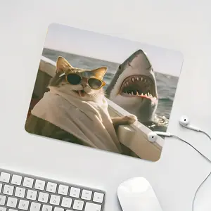 Adventurous Cat & Shark Themed Square mouse pad, Aesthetic Desktop Decorative Protective Pad, Rubber Anti-slip Lockedge Work Pad, Small Size Suitable for Laptop, Desktop Computer Games, Work, Family, Gaming Mouse Pads