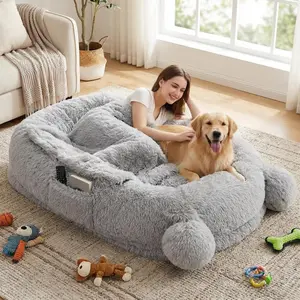 Grey Human Sized Dog Bed, 71" x 45" x 12" Large Dog Bed with 2 Storage Pockets, Fluffy Faux Fur Orthopedic Pet Bean Bed for Adults & Giant Pets