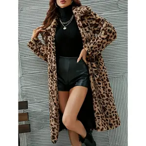 Women's Leopard Print Pocket Open Front   Coat, Casual Long Sleeve Collared Outerwear for Fall & Winter, Women's Clothes for Daily Wear