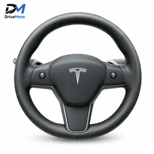 DriveMate Nappa Leather Steering Wheel Cover for Tesla Model 3/Y 2016-2026 | Premium Non-Slip Breathable Design | Luxury Car Accessories | Tesla Interior Upgrade | Black