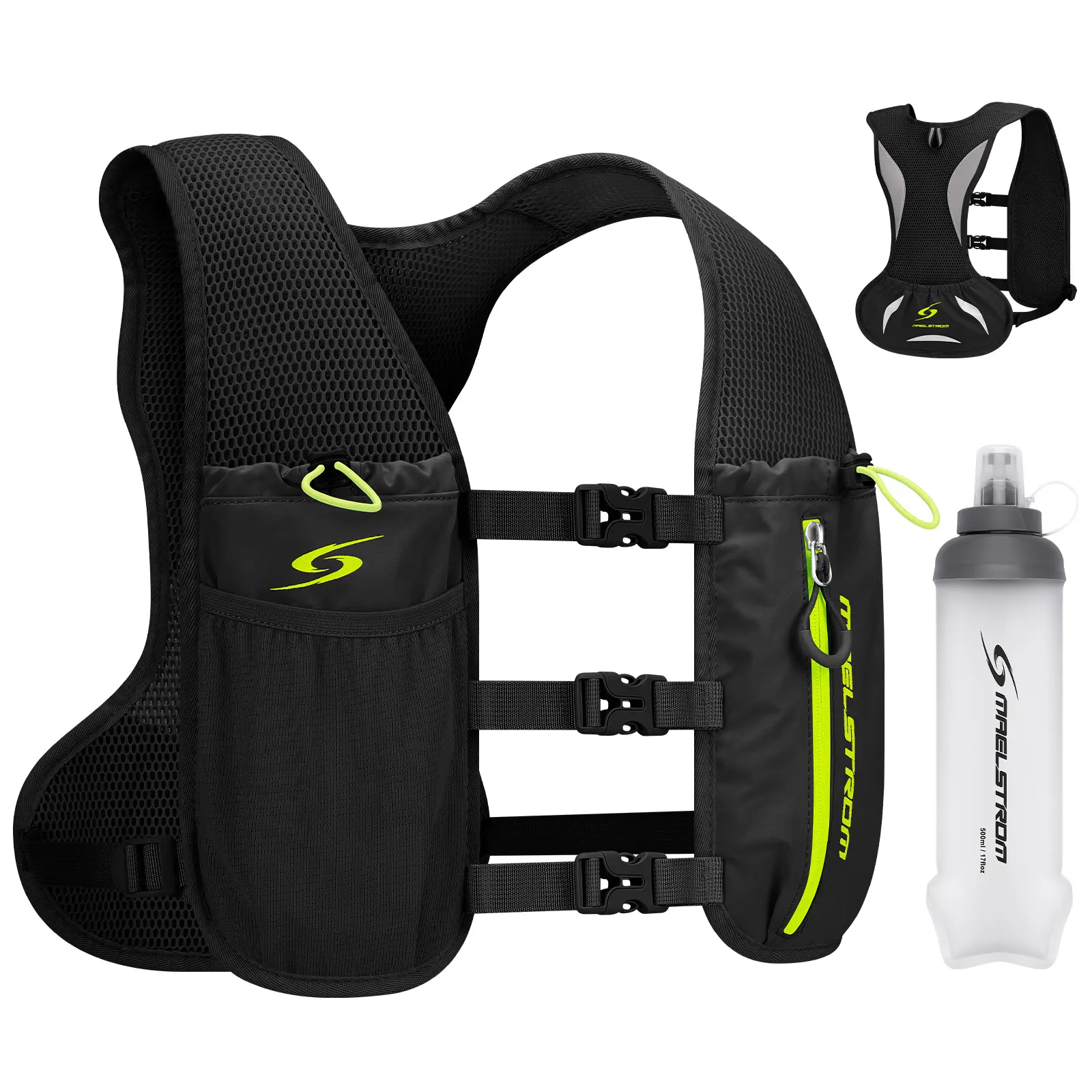 Maelstrom Lightweight Hydration Backpack - Unisex Running Vest with Adjustable Secure Buckles, Snug Fit, Includes 500ml Soft Flask for Trail Runs & Marathon, Includes Flask, One Size