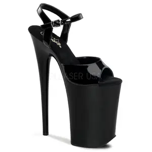 Women's Black Patent Platform Sandal - 9in Heel Footwear, INFINITY-909