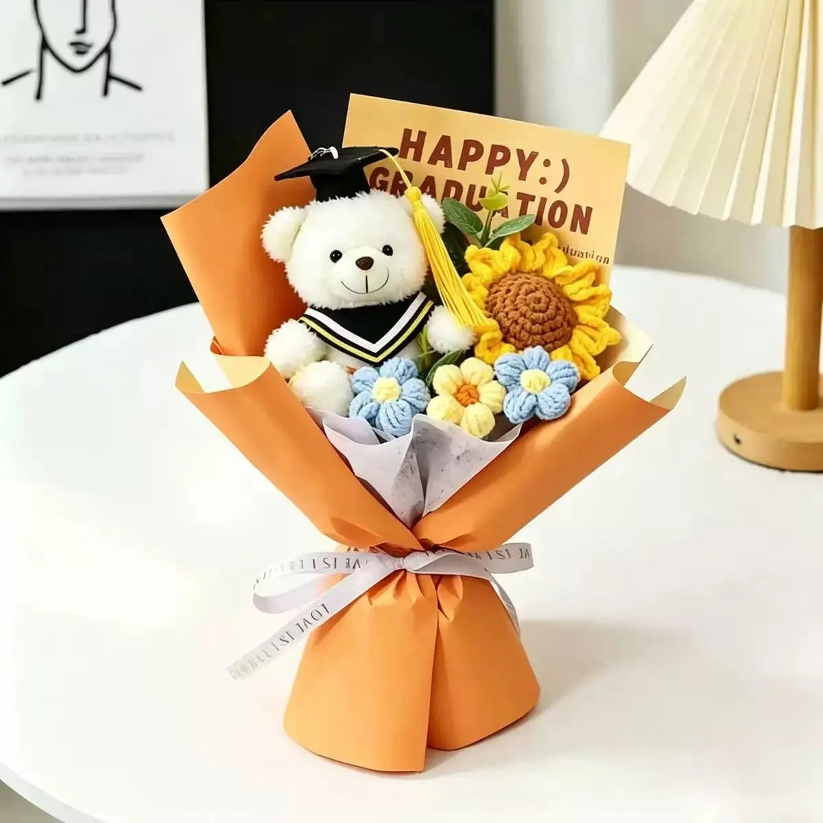 Graduation Flower Bouquet, Handmade Knitted Doll & Sunflower, Sweet Gift for School Graduation