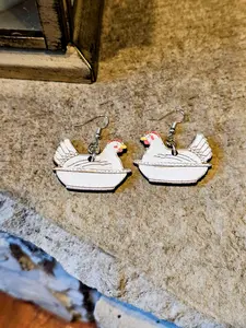 "Milk Glass" Hen On Nest Wooden Earrings- Handmade by Justin