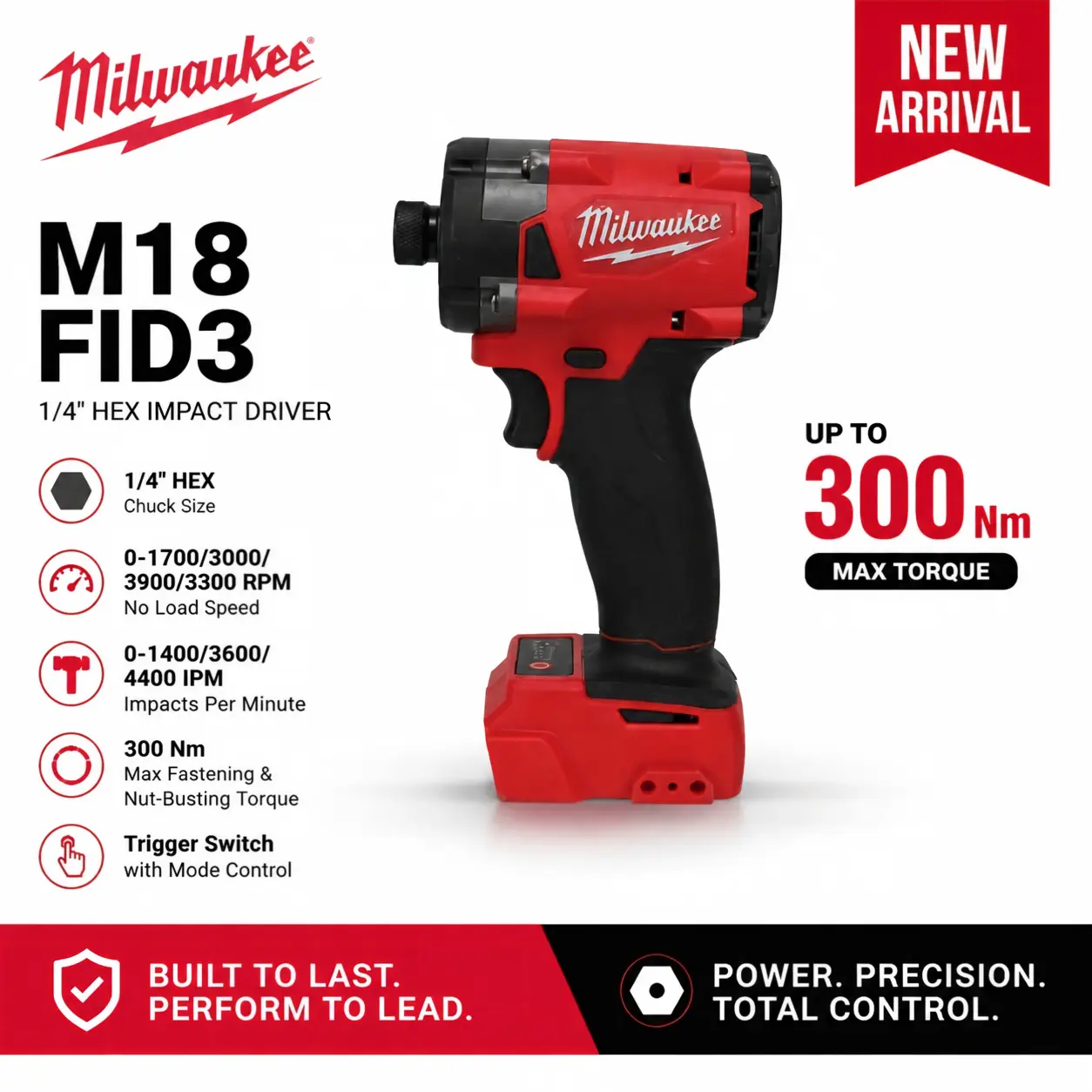 Milwaukee M18 FID3 Heavy-Duty Power Screwdriver - 1/4 in Hex Chuck, 300Nm Max Torque, Multi-Mode Trigger, Hex Bolt Drive for Metal/Wood Surfaces & Wood/Metal Bolts Installation
